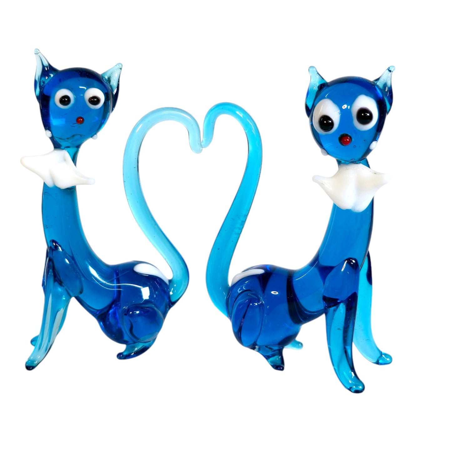 Handblown Pair of Slender Sitting Art Glass Siamese Cats with Bows, Blue Stretch Glass Cats