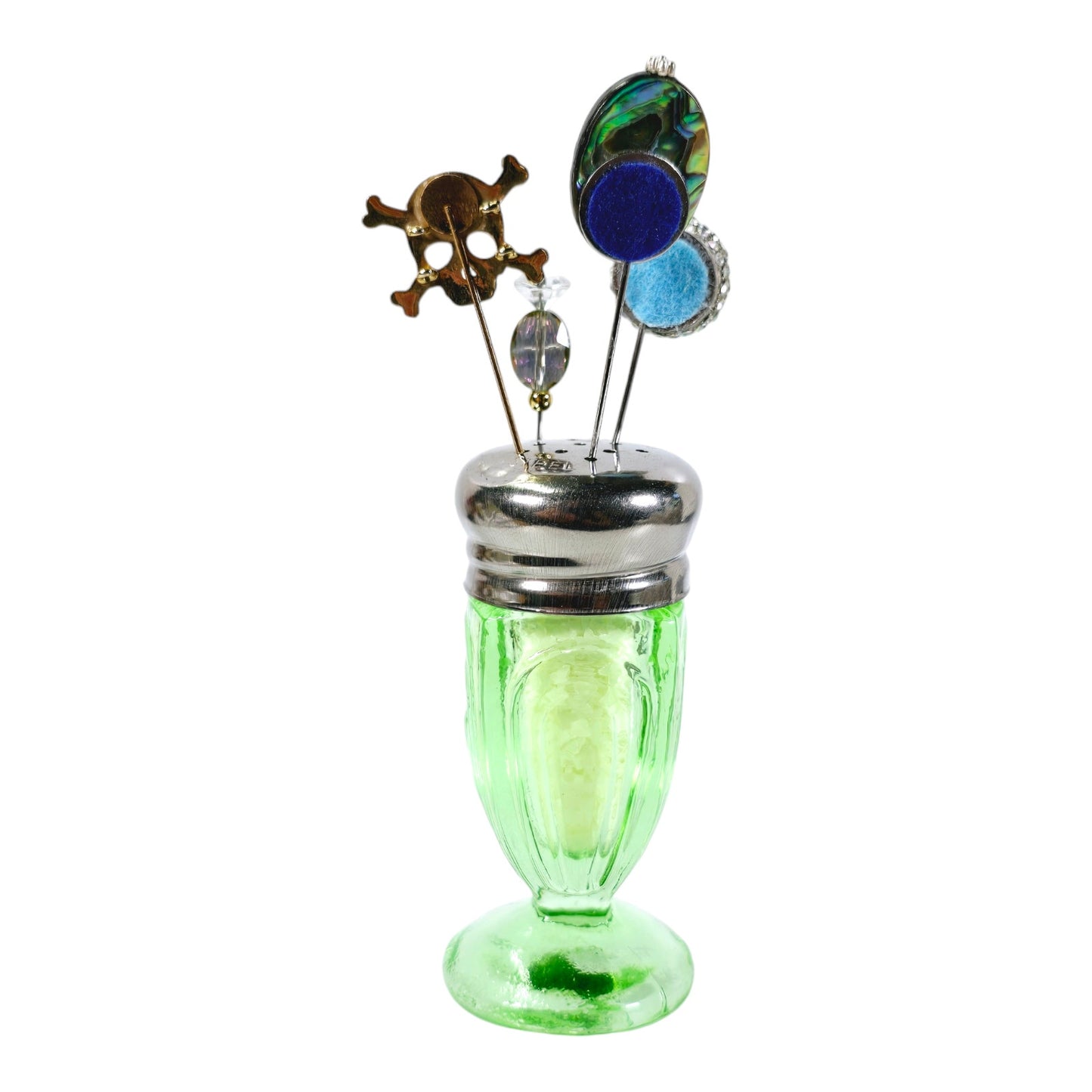 Green Uranium Glass Salt Shaker Stick Pin Display, 4 Pins, Skull, Glowy, Sparkles, 5.5" H with Pins