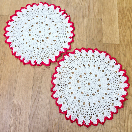 2 9" Red Crochet Doilies