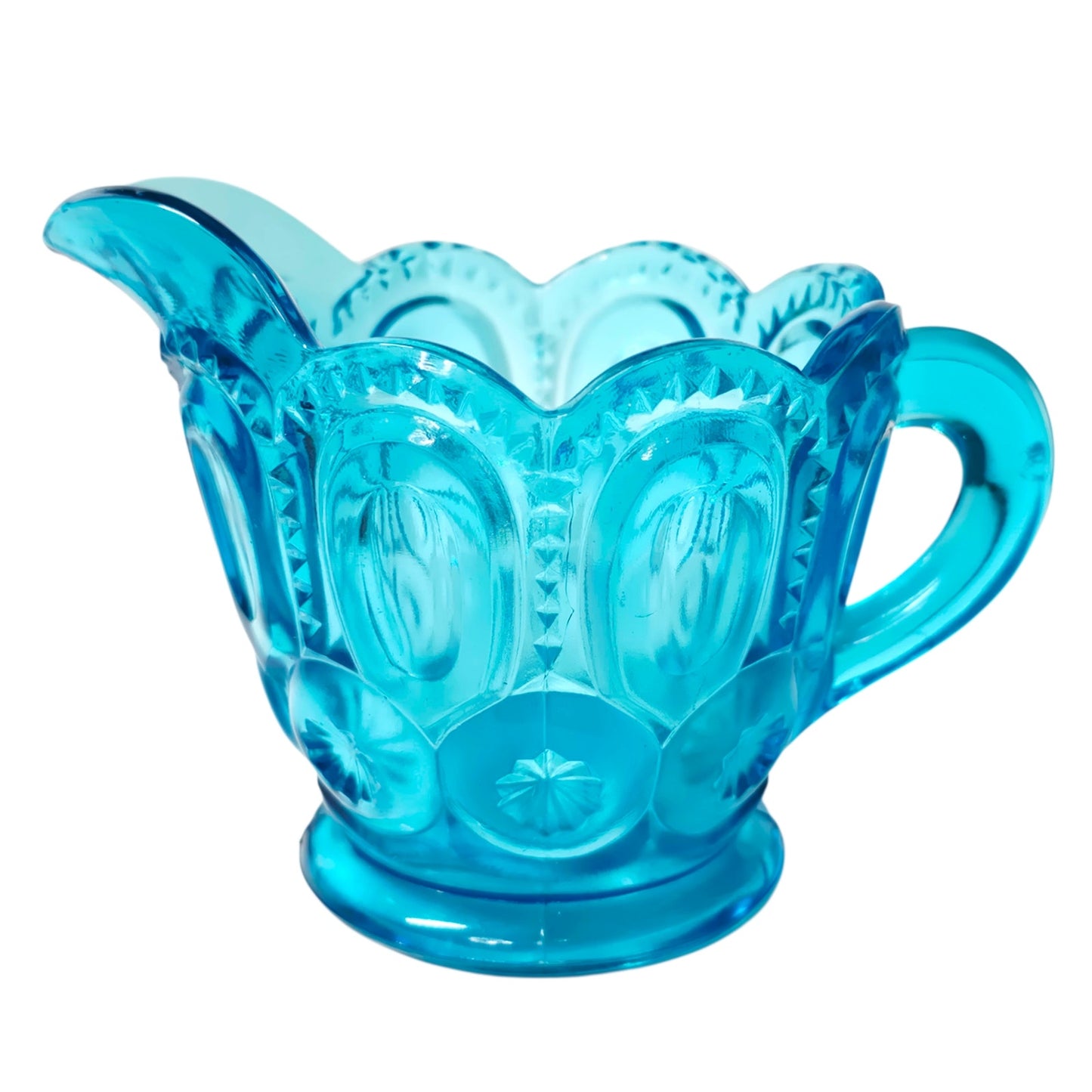 Vintage L. E. Smith Glass Moon & Stars Creamer Pattern Peacock Blue Turquoise UV