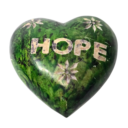 Carved Soapstone Heart Paperweight Green HOPE Etched Flower India Heavy 4"