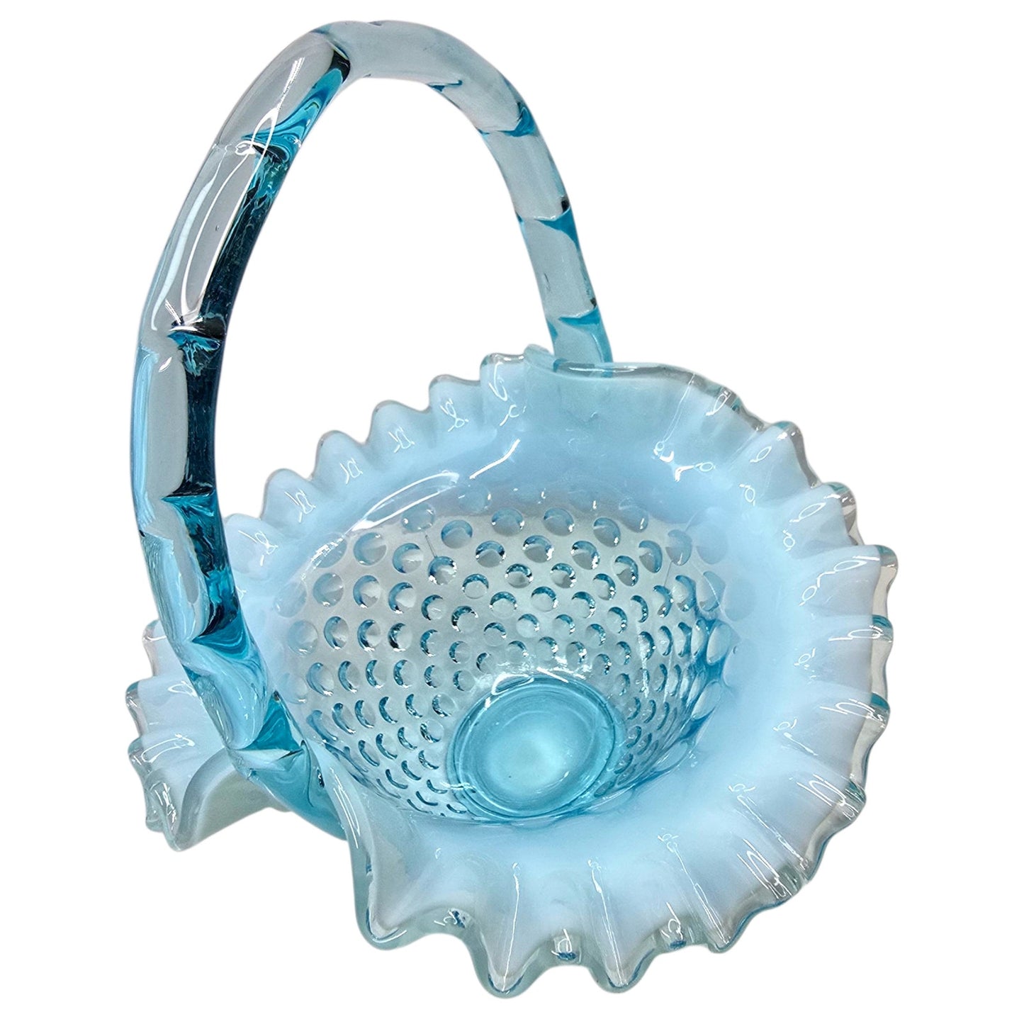 Fenton Blue Opalescent Hobnail Basket Set Uranium Reactive Ruffled Glass Pair