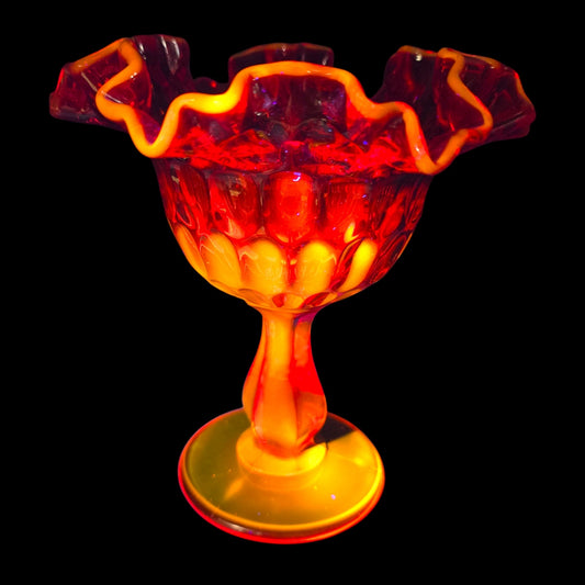 Fenton Thumbprint Amberina Compote Pedestal Bowl Ruffled Red Cadmium Glow Vtg