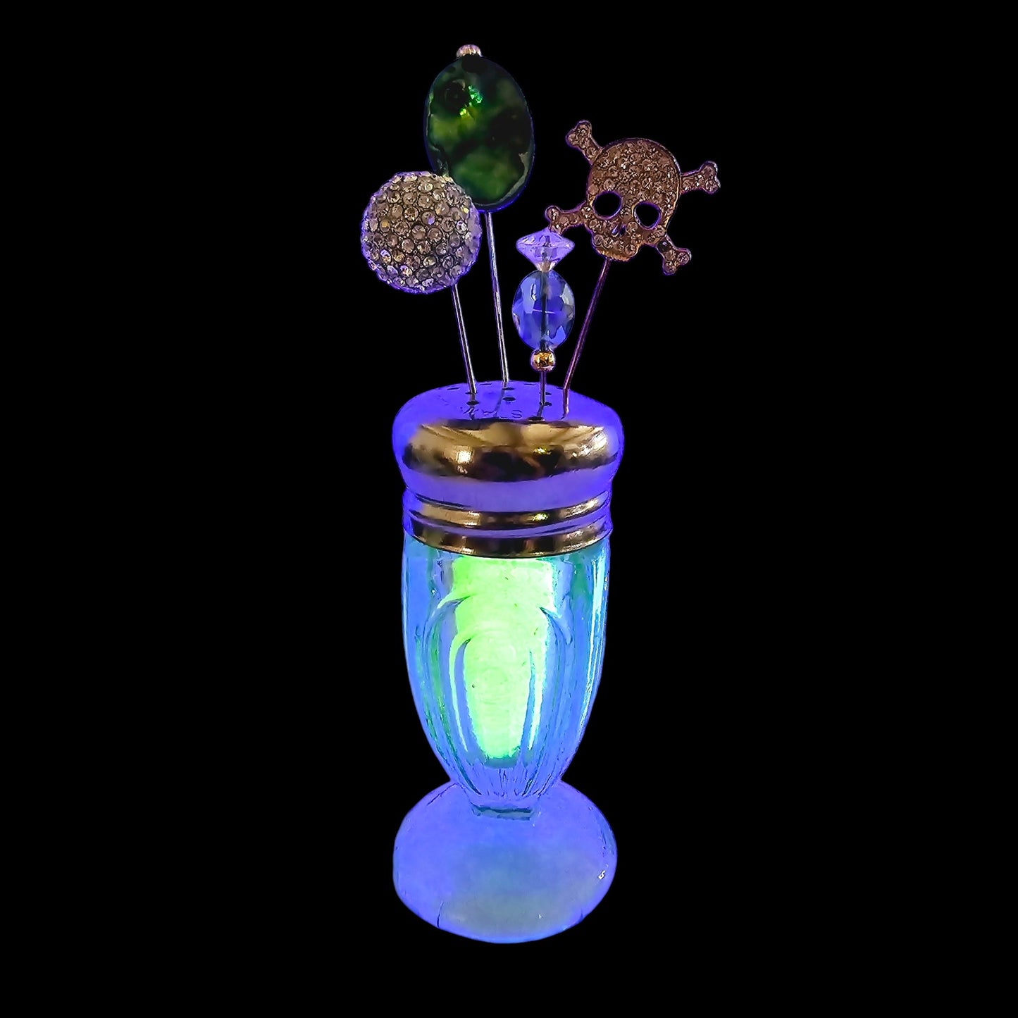 Green Uranium Glass Salt Shaker Stick Pin Display, 4 Pins, Skull, Glowy, Sparkles, 5.5" H with Pins