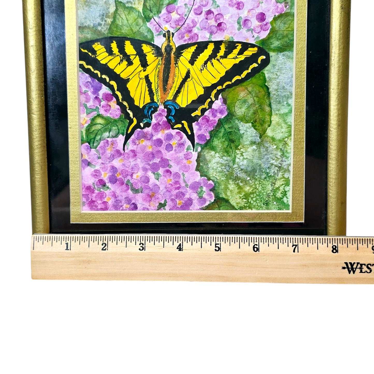 Signed Watercolor Eastern Tiger Swallowtail Butterfly Resting on Purple Lilacs