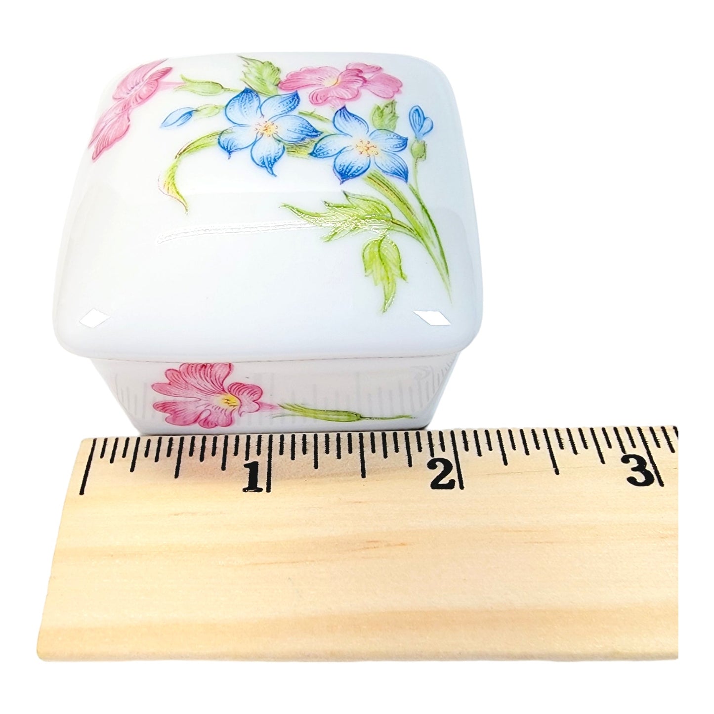 Small Trinket Box with Lid, Floral Pink and Blue Flowers, Marked Limoges