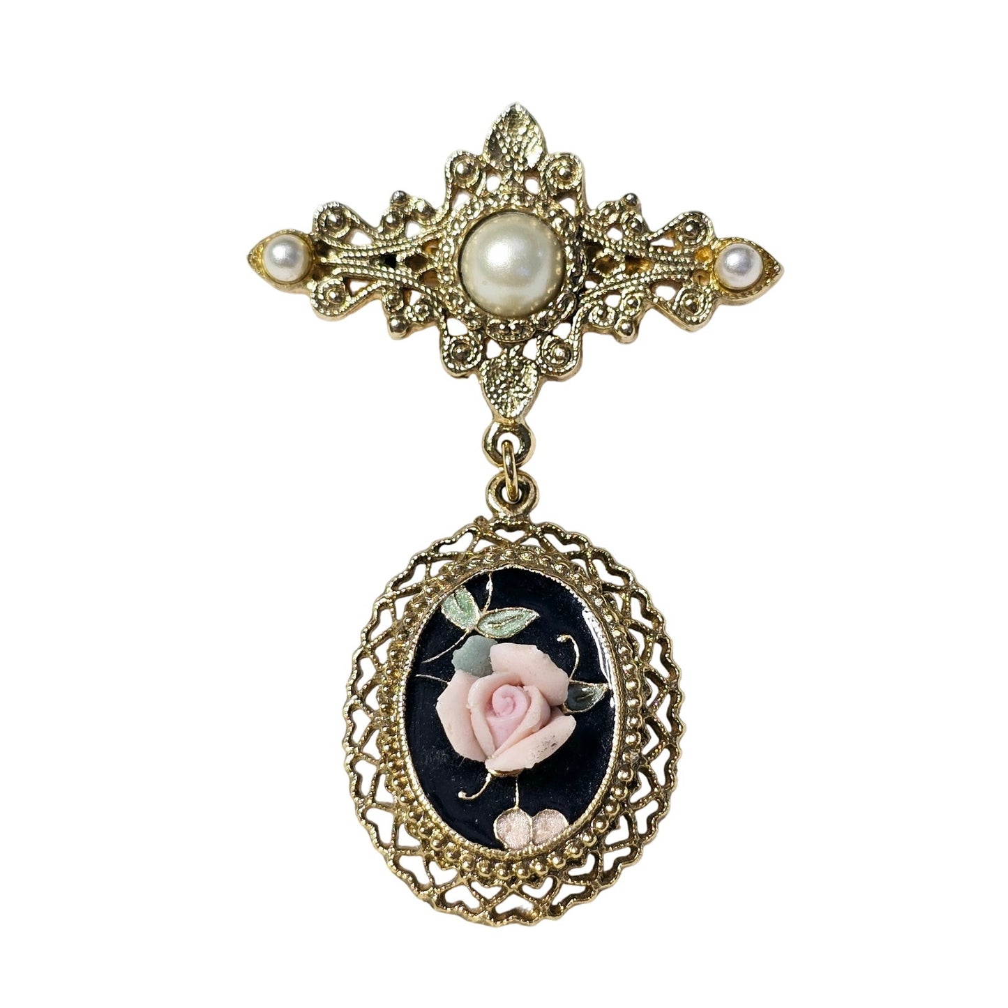 Vintage 1980s Gold Tone Ceramic Rose Faux Pearl Dangle Broch from 1928 Jewelry Company