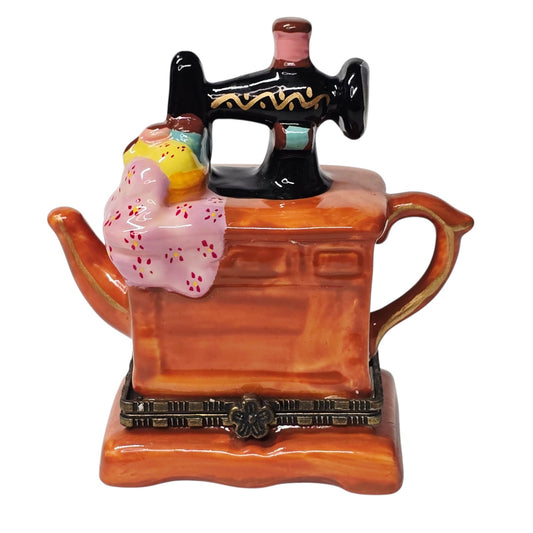 Vintage Hand Painted Ceramic Sewing Machine Trinket Box Miniature Sewing Decor
