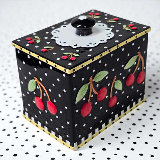 Vintage 2002 Rare Mary Engelbreit Small Cherries Ceramic Candy Box With Nob Top
