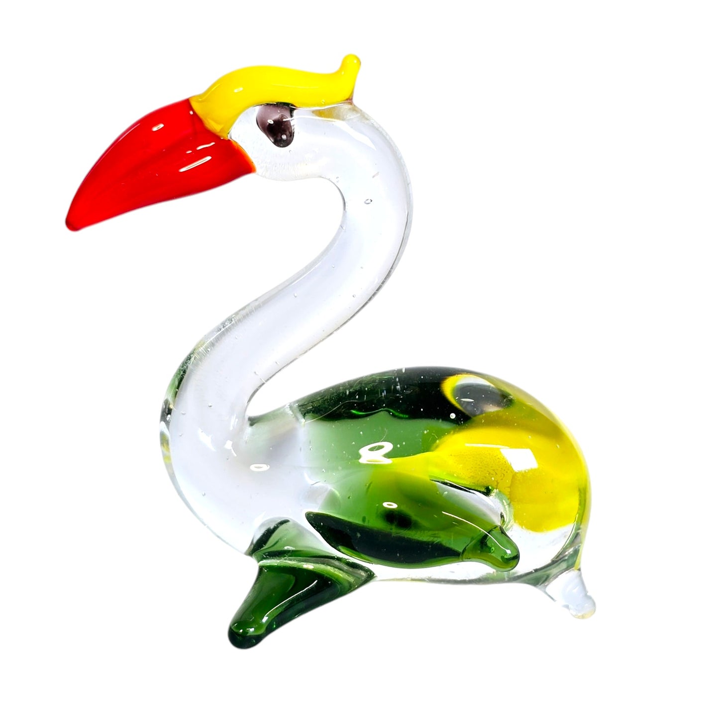 Handblown Blue Art Glass Pelican, Yellow, Orange and Green Stretch Glass Pelican Bird