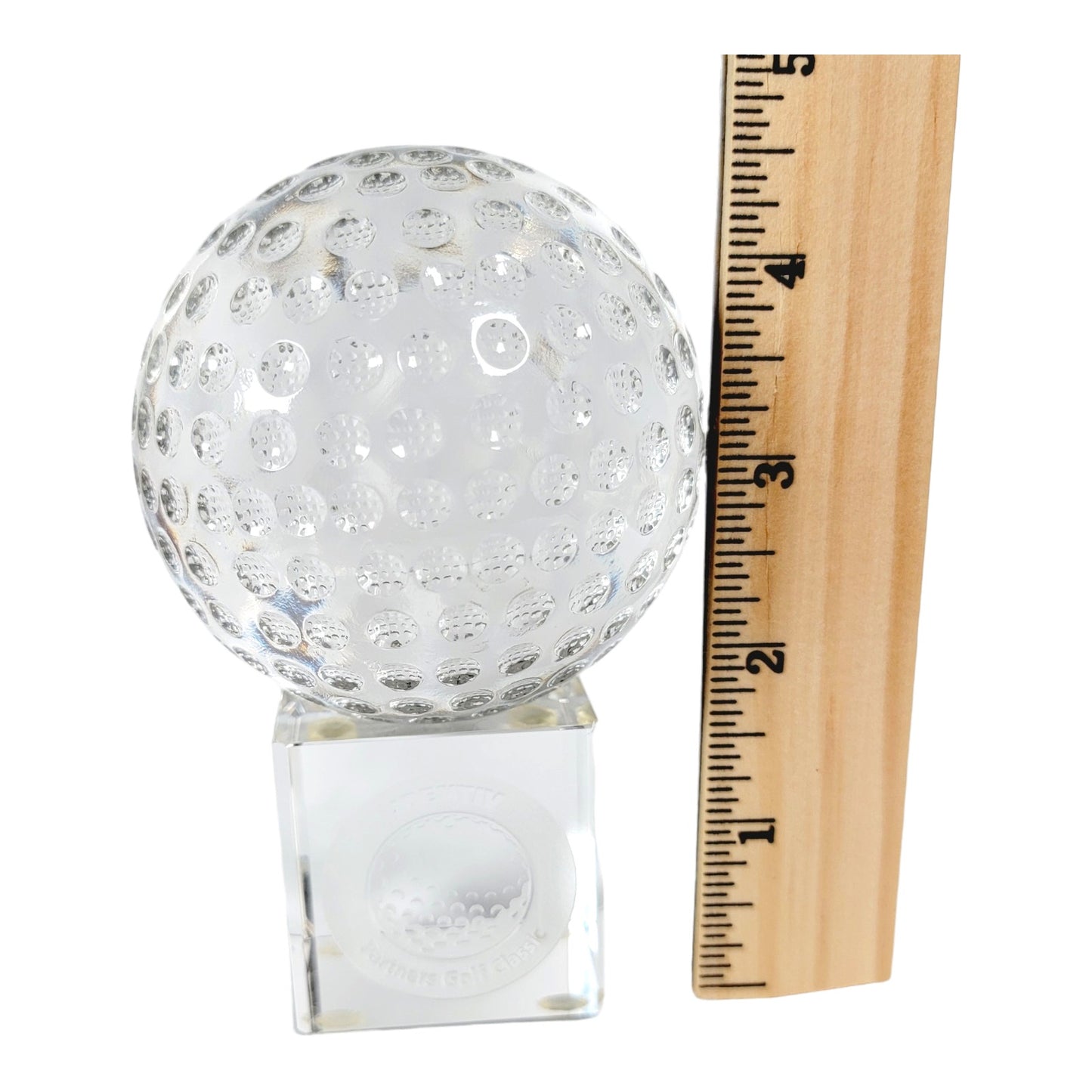 Solid Glass Golf Ball Paperweight on Stand, Identity Partners Golf Classic