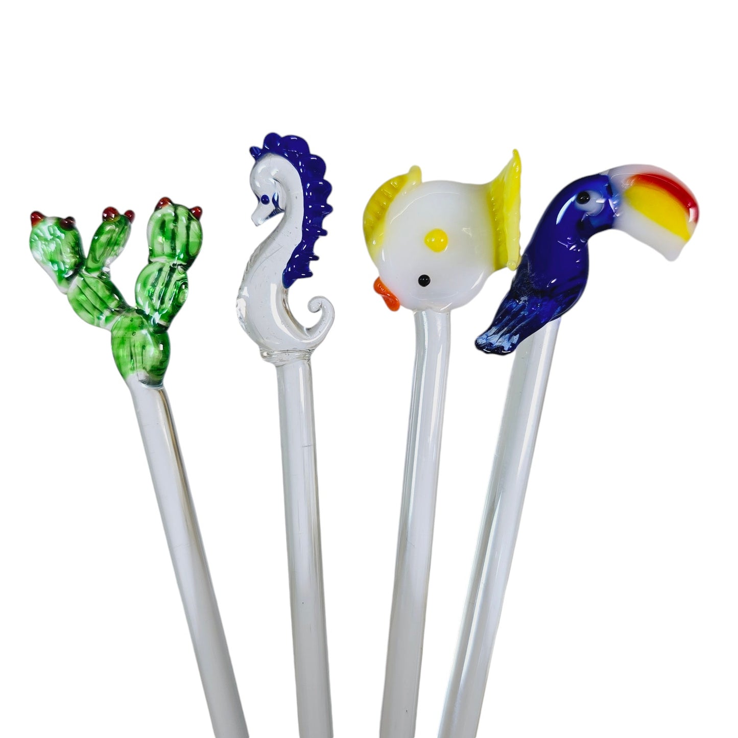 Set of 4 Hand-Blown Art Glass Swizzle Sticks, Kelp, Fish, Sea Horse and Bird