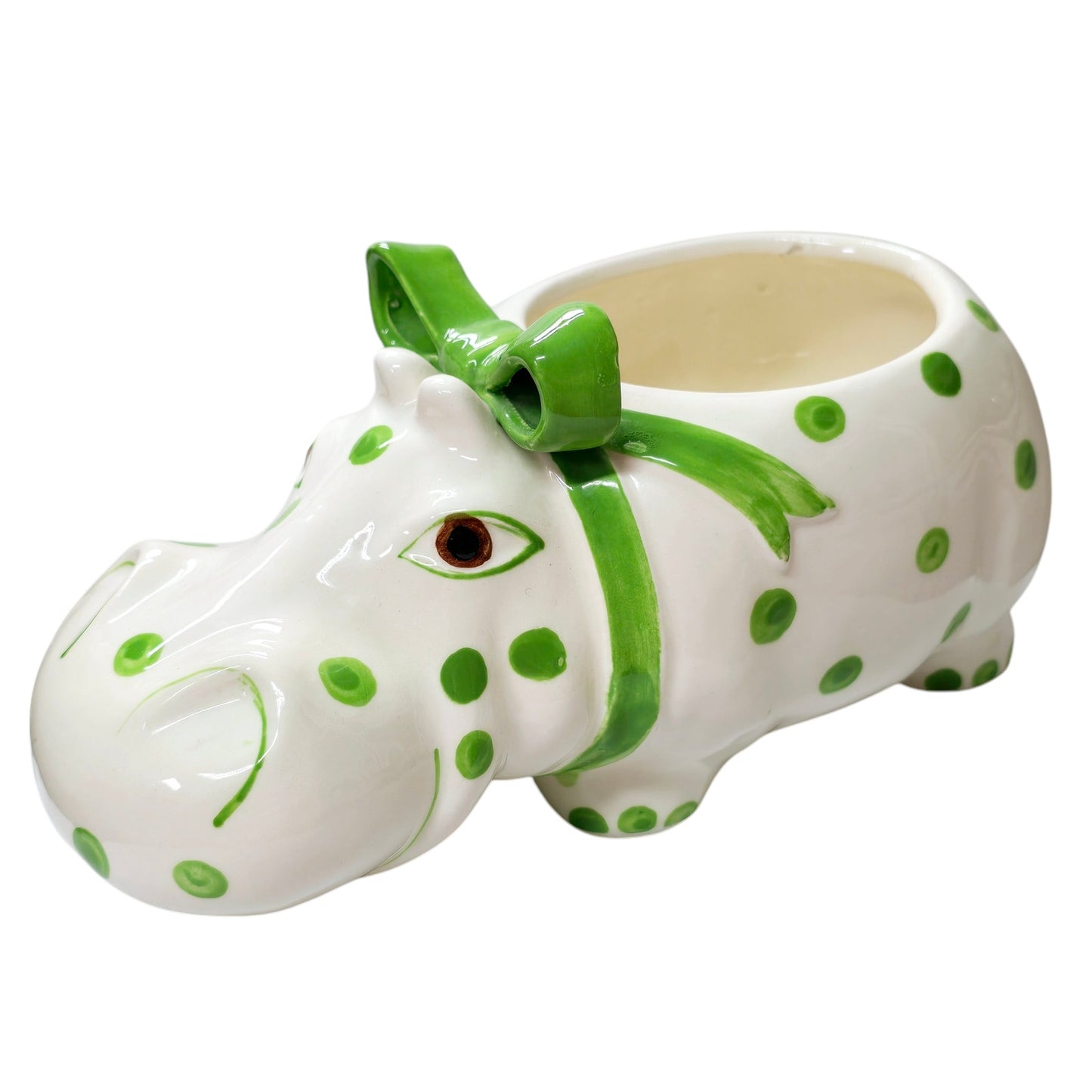 Large Ceramic Green Polkadot Hippo Planter with Green Bow 10" W