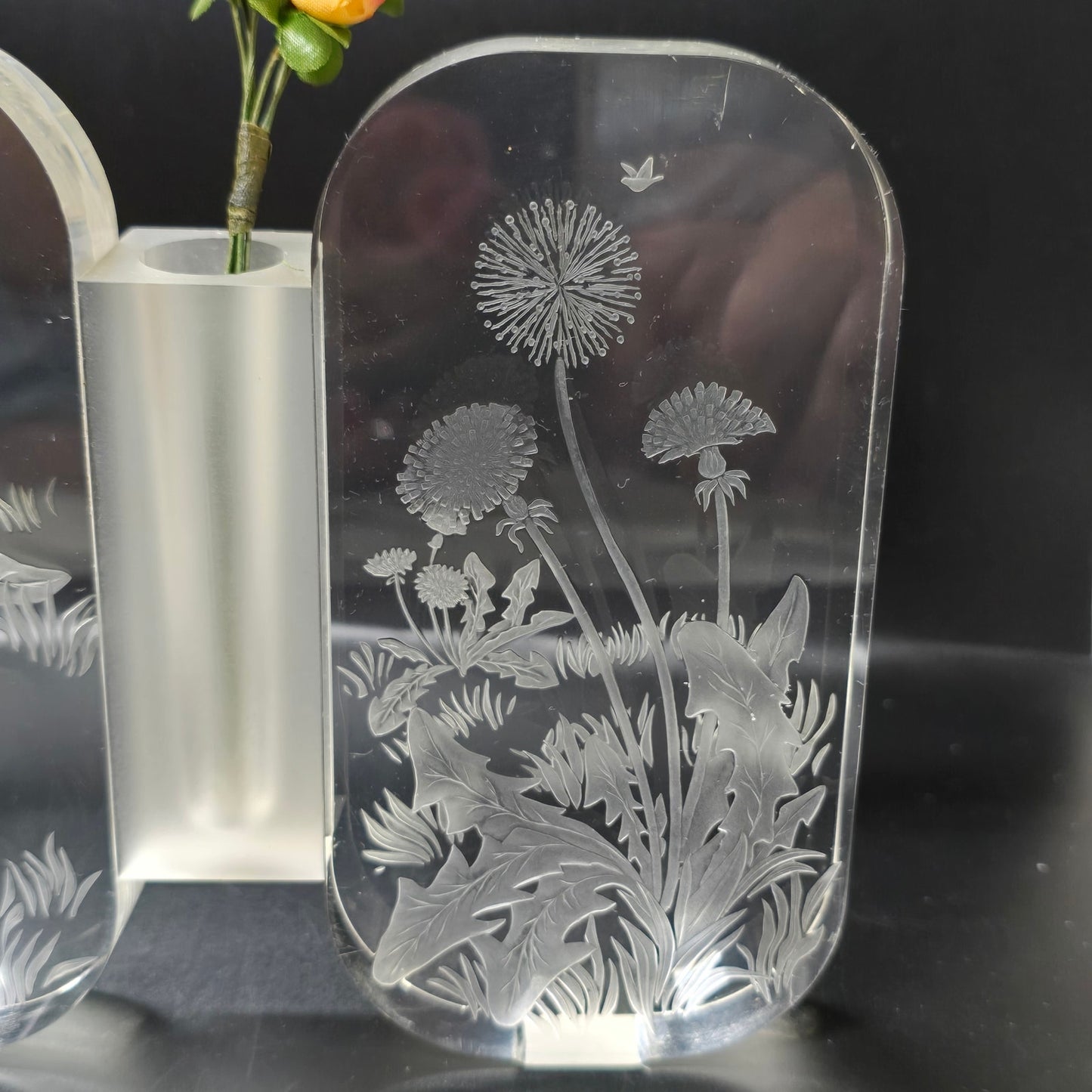 Double Panel Etched Lucite Bird and Dandelion Bud Vase Signed V. Buescher