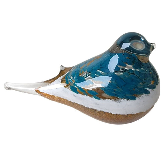 Hand-Blown Art Glass Bird Paperweight Teal, White, Sand