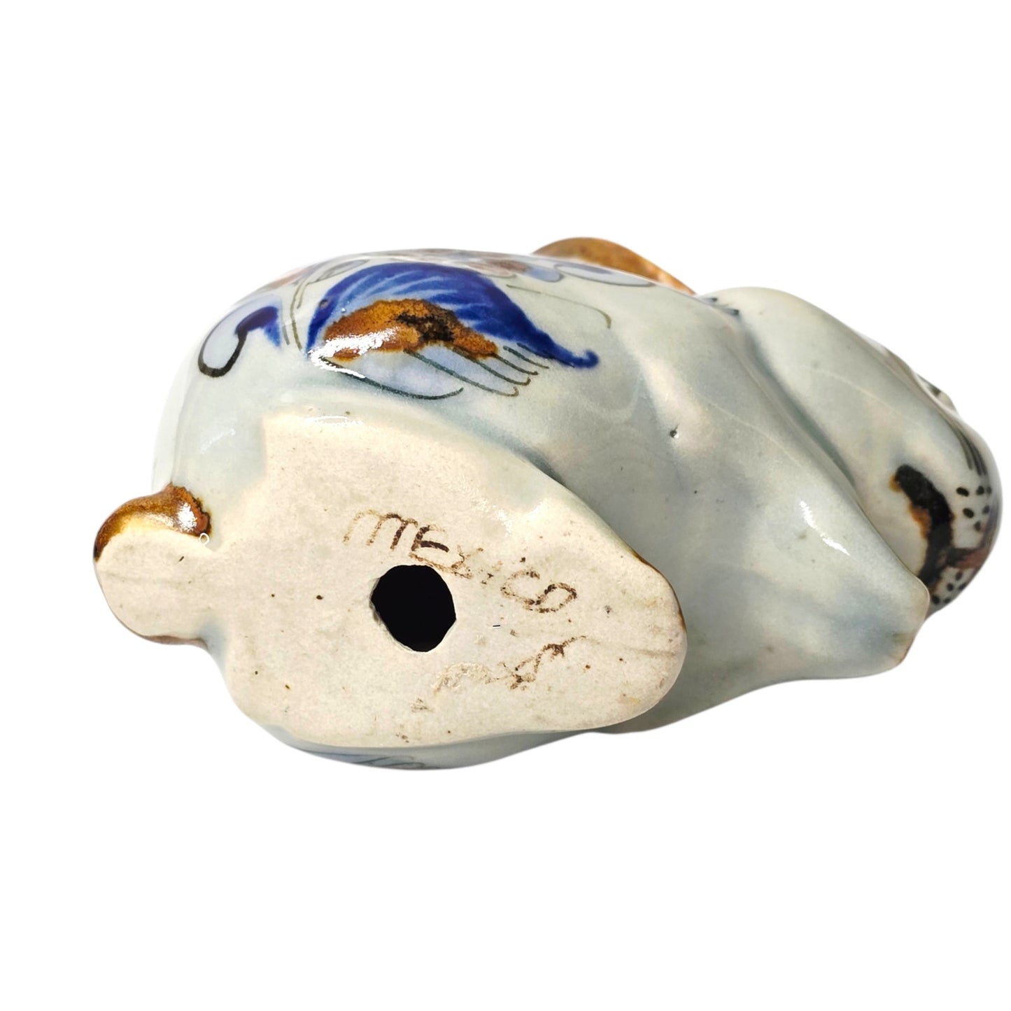 Vtg Tonala Mexico Pottery Rabbit Figurine Blue Floral Hand Painted AS IS Repair