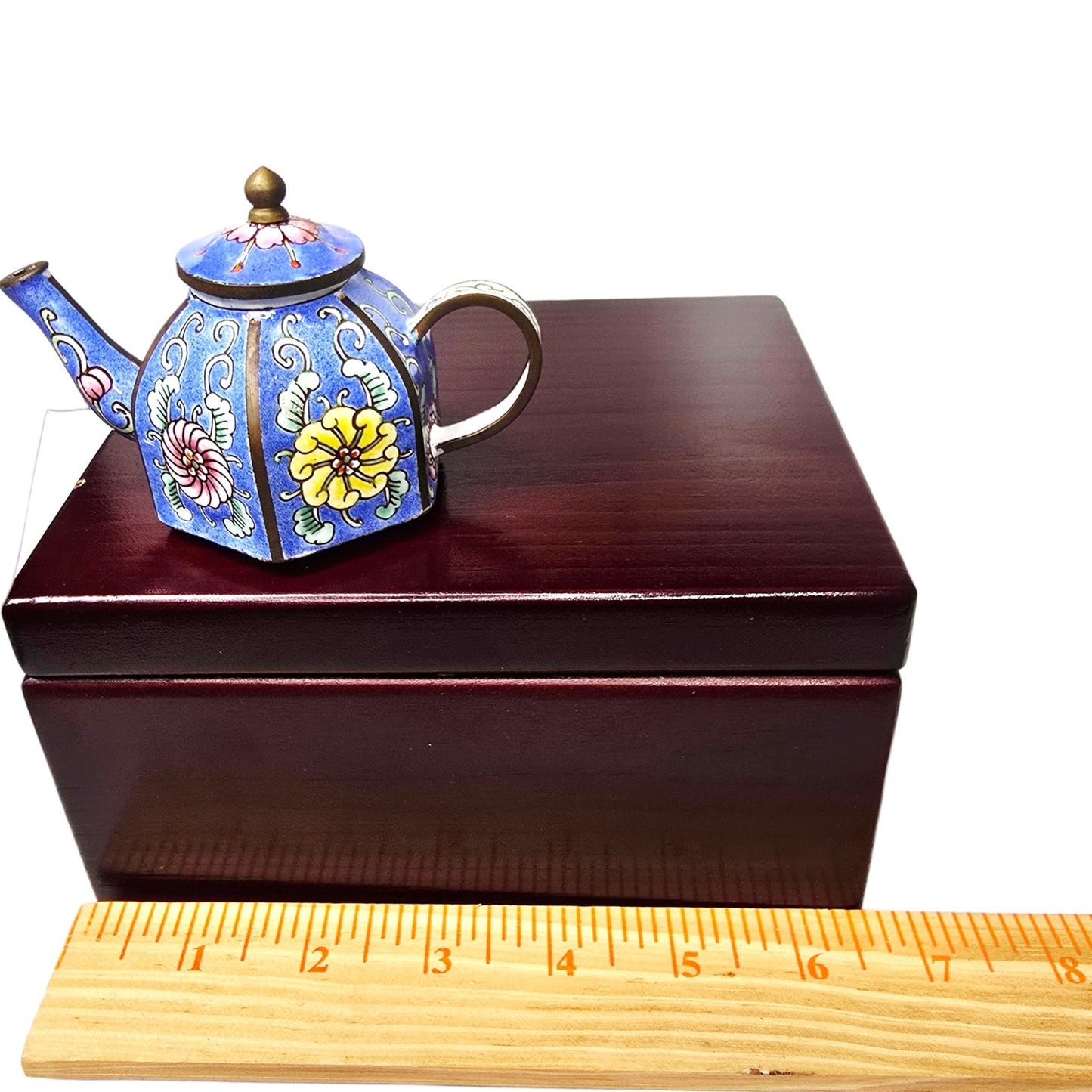 Vintage Miniature Cloisonné Enamel Teapot with Wooden Box - Lined Keepsake Set