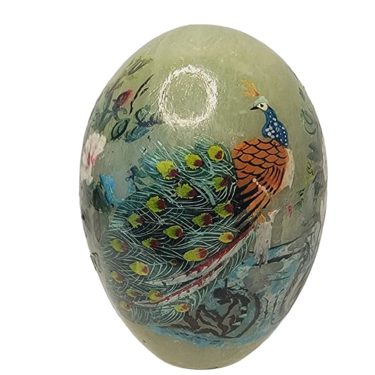 Vtg Genuine Alabaster Hand Painted Egg Paperweight Peacock Flowers Lake Easter