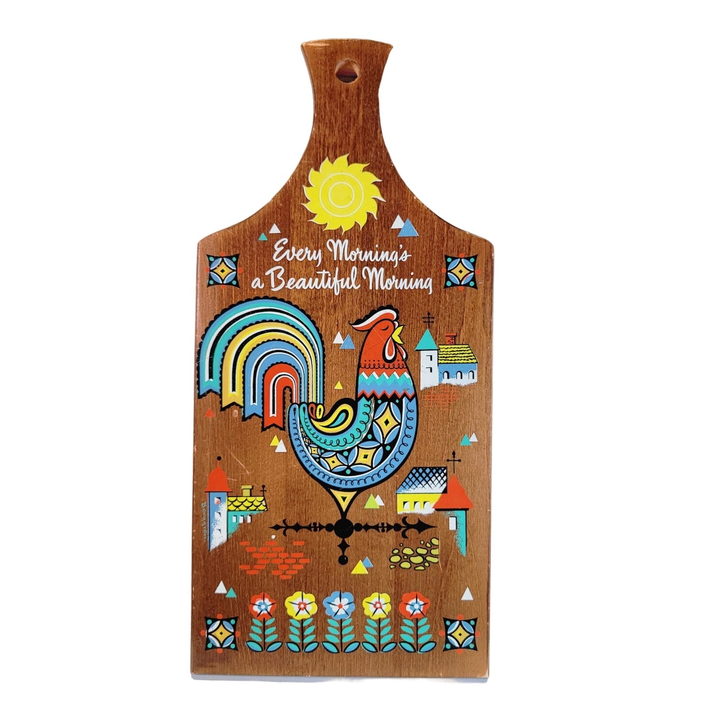 Vintage 1960's Signed Berggren Trayner Swedish Rooster Folk Art Wood Cutting Board Wall Hanger