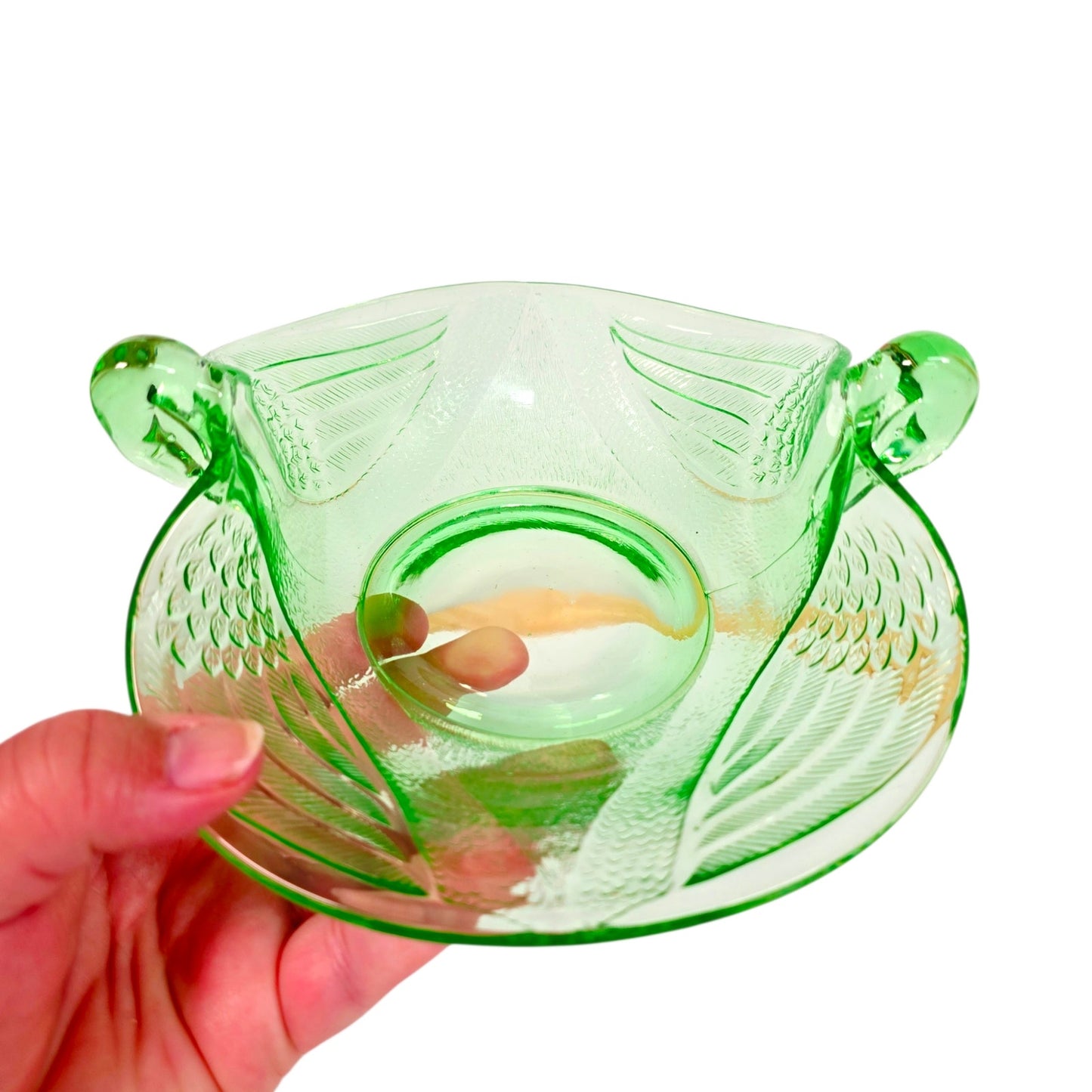 Fenton Dugan Uranium Glass Seagull Dish Swan Double Handle Green Glow Vintage