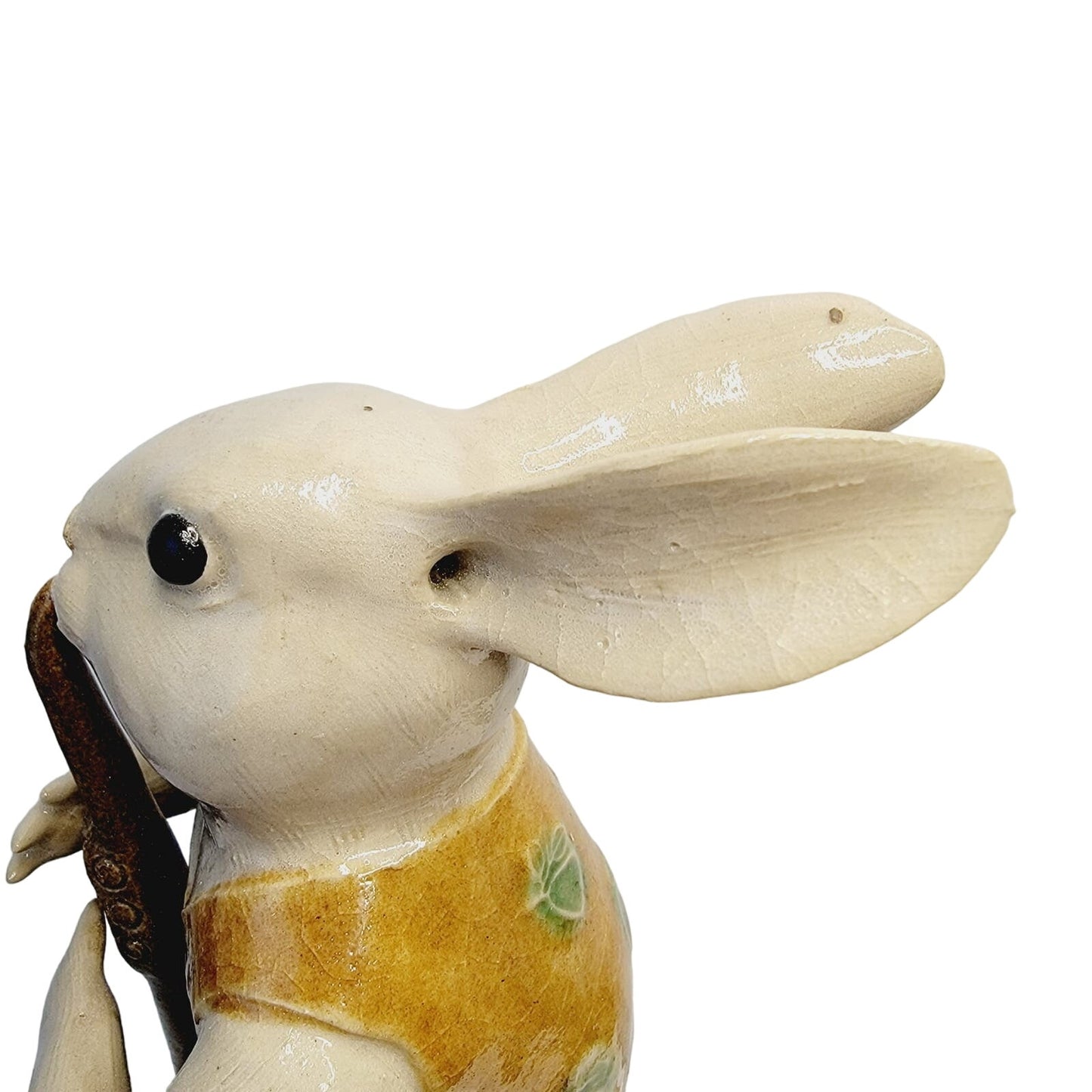 Vtg Signed Asian Rabbit Figurine Playing Long Horn Pottery Seal Mark MCM 8.5"