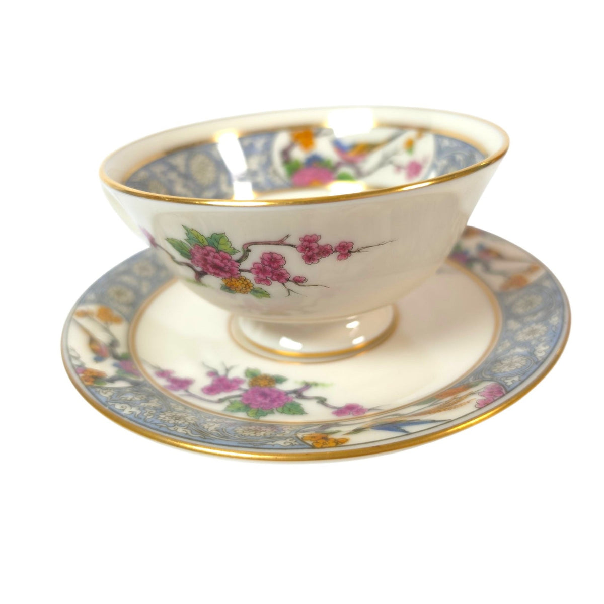 Vintage Lenox Ming P-16 Footed Teacups & Saucers Set of 2 Bird Floral Gold USA