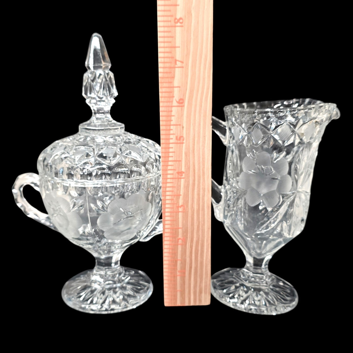 1930's Clear Selenium Glass Creamer & Sugar Set - Frosted Rose - 365nm Pink Glow