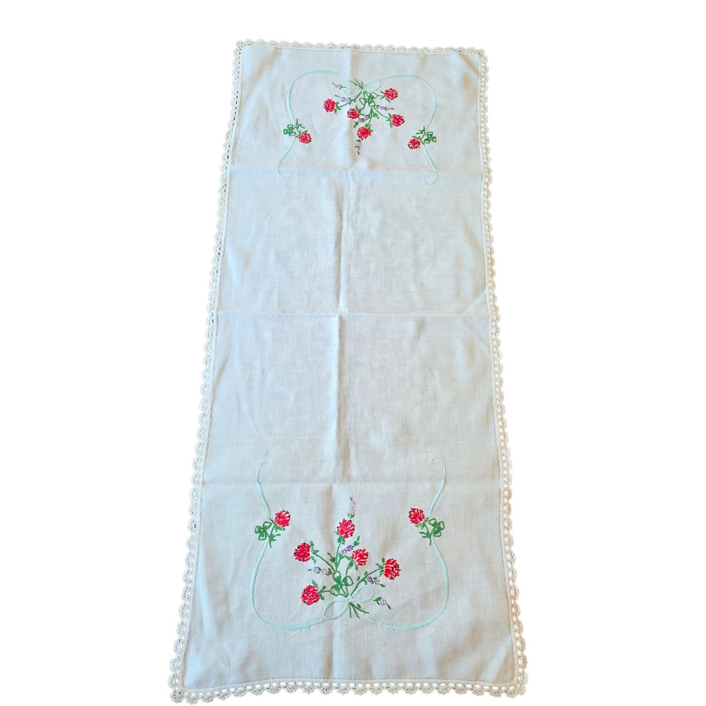 Vintage Berry Blossom Embroidered Linen Table Runner Dresser Scarf Crochet Lace