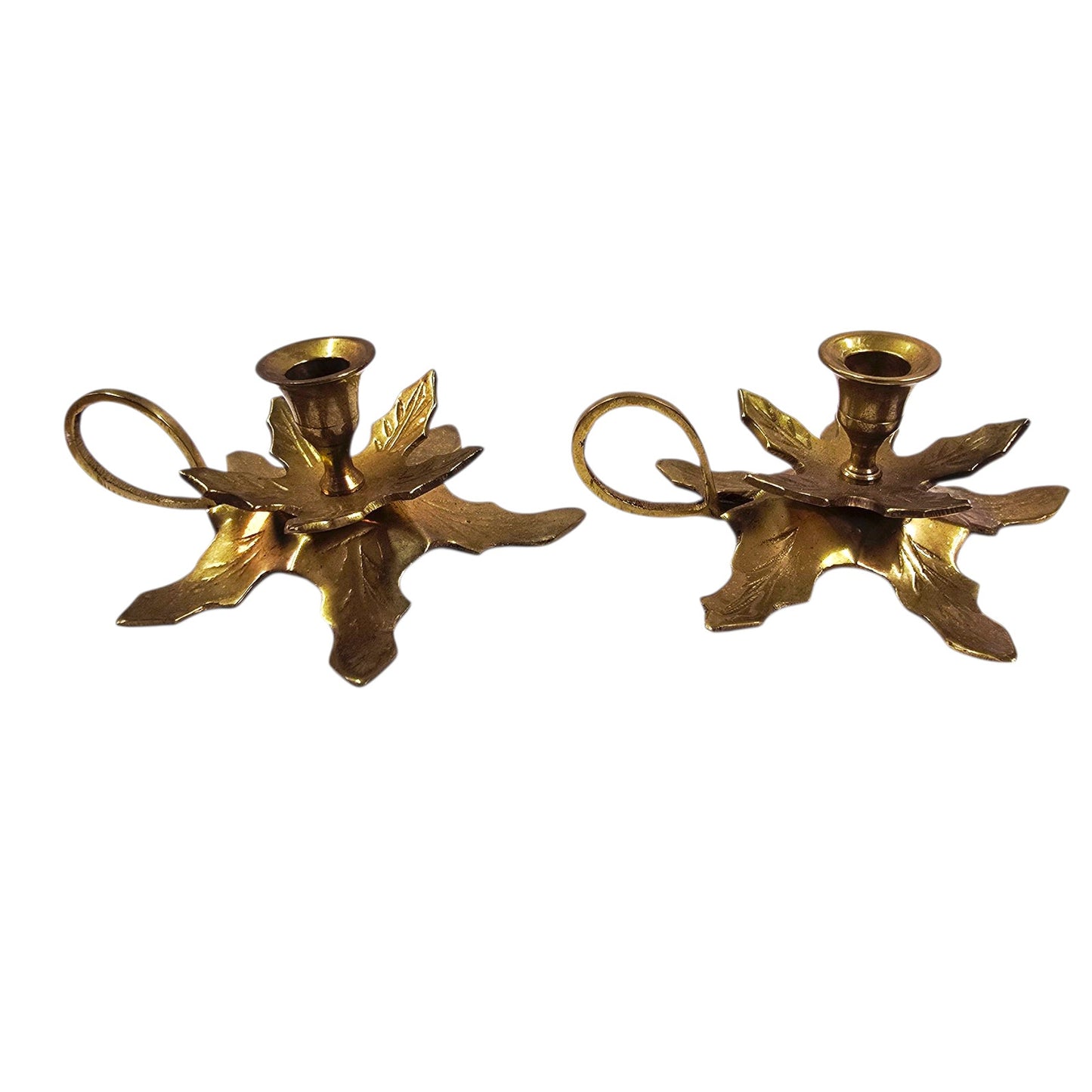 Vintage Solid Brass Leaves Candle Holders with Handle Loop Set of 2