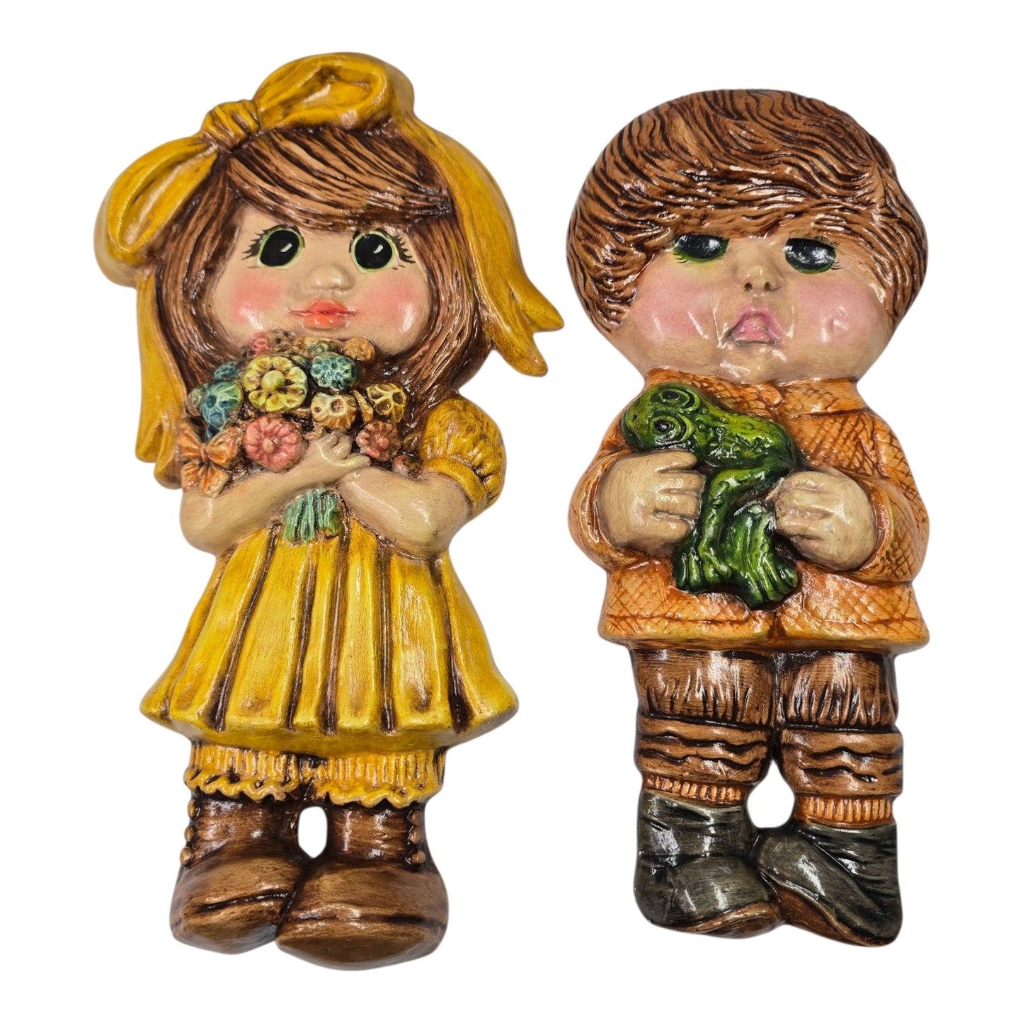 1970s Retro Wall Plaques Sunset Ceramics Kids Vtg Big Eyes Boy Girl Kitschy Pair