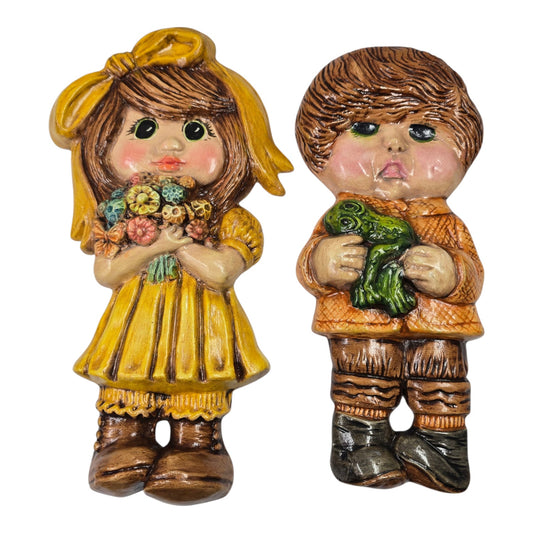 1970s Retro Wall Plaques Sunset Ceramics Kids Vtg Big Eyes Boy Girl Kitschy Pair