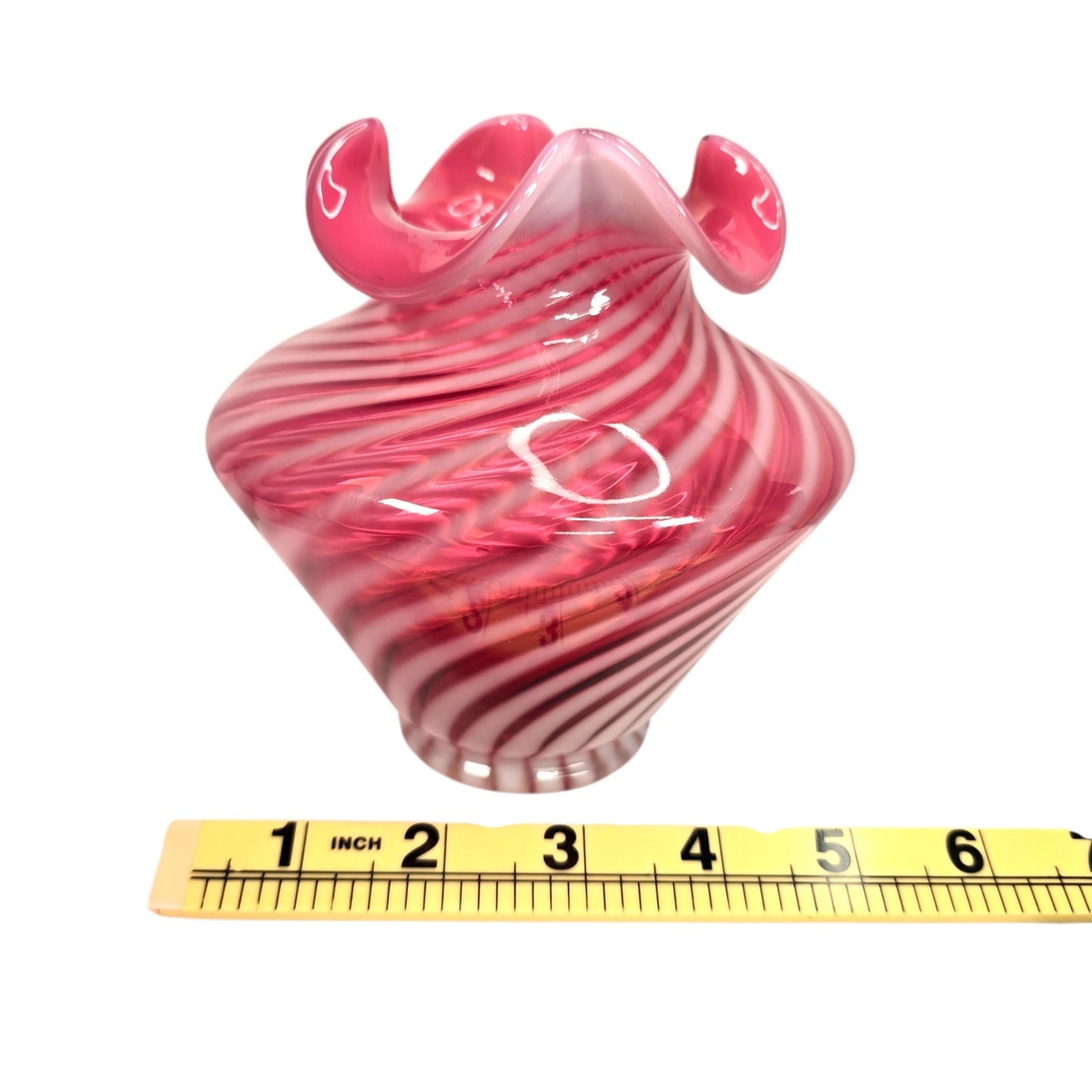 Fenton Cranberry Opalescent Swirl Glass Vase Ruffled Rim Vintage Pink