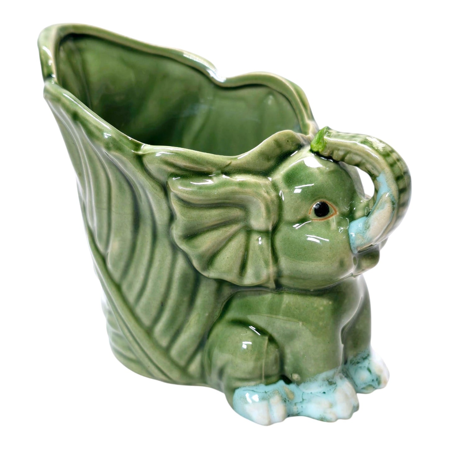 AS IS Vintage Green Lucky Bamboo Trunk Up Elephant Planter Succulent FLAW Broken Trunk