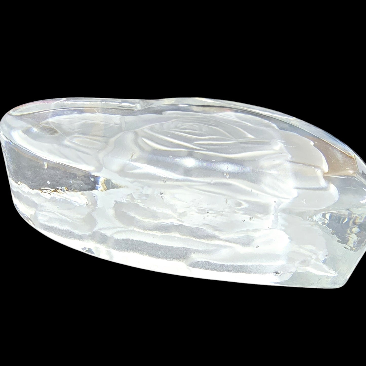 Crystal Etched Rose Heart Glass Paperweight 4" W