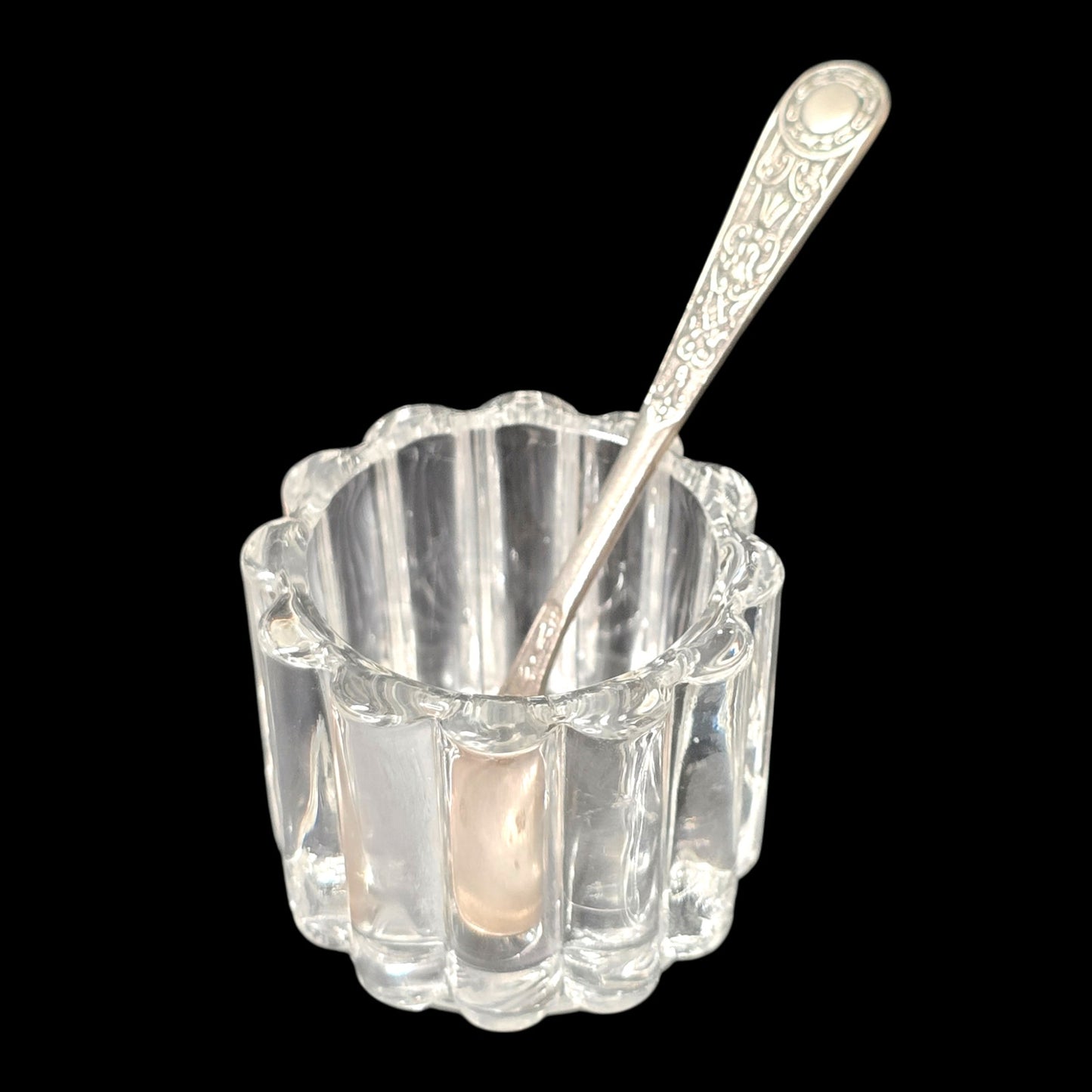 Vintage Heisey Crystolite Mustart Pot Glass Open Salt Sugar Ornate Floral Spoon