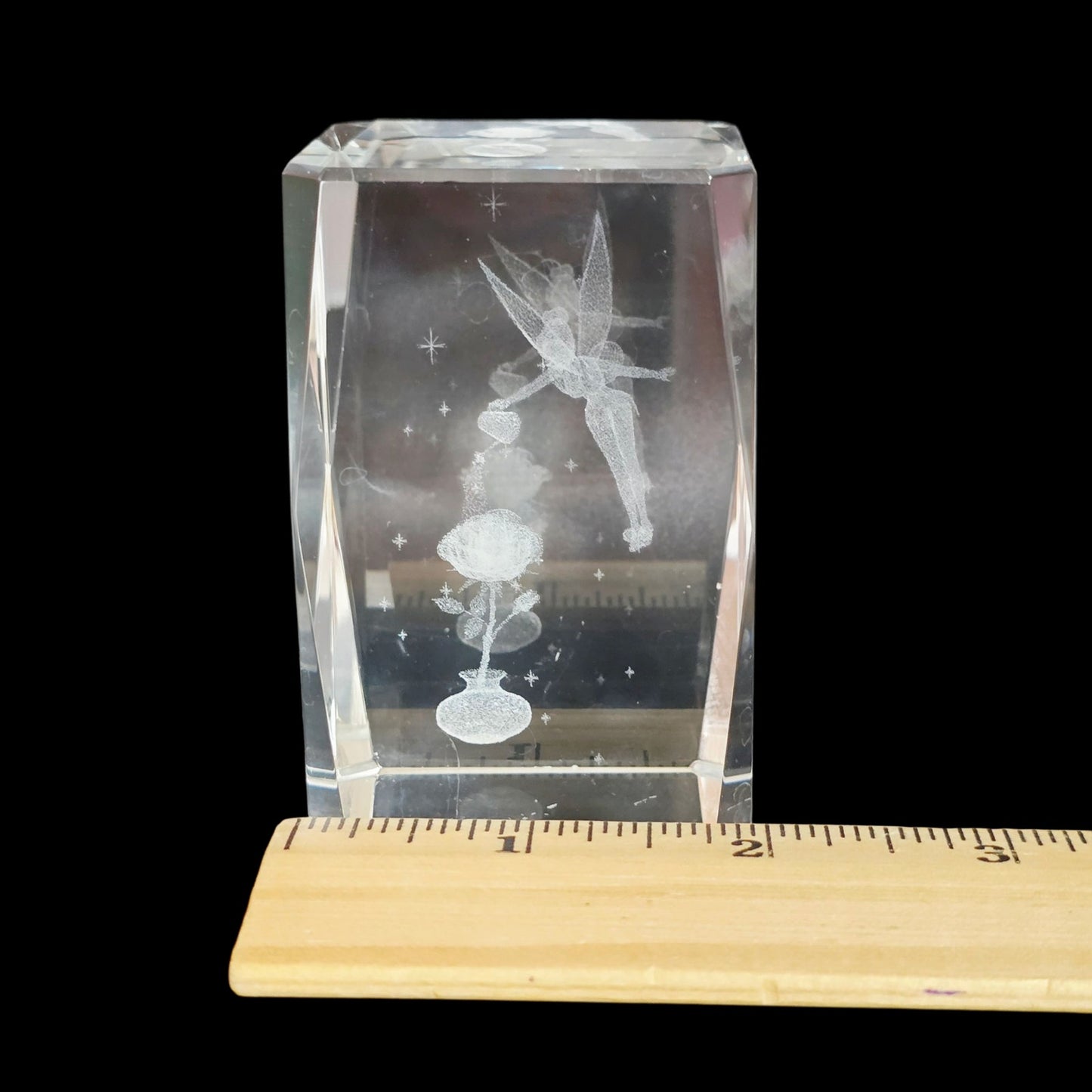 Disney Tinkerbell 3D Crystal Glass Cube Paperweight, Watering Flower Water Can