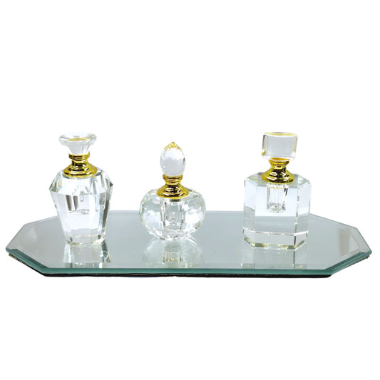 Vintage Crystal Perfume Bottle Set Mirrored Tray, Cellini Collection by Hand-crafted