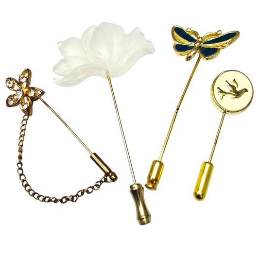 * Lot of 4 Vintage Stick Pins Lucite Hibiscus, Butterfly, Dove, Flower with Chain