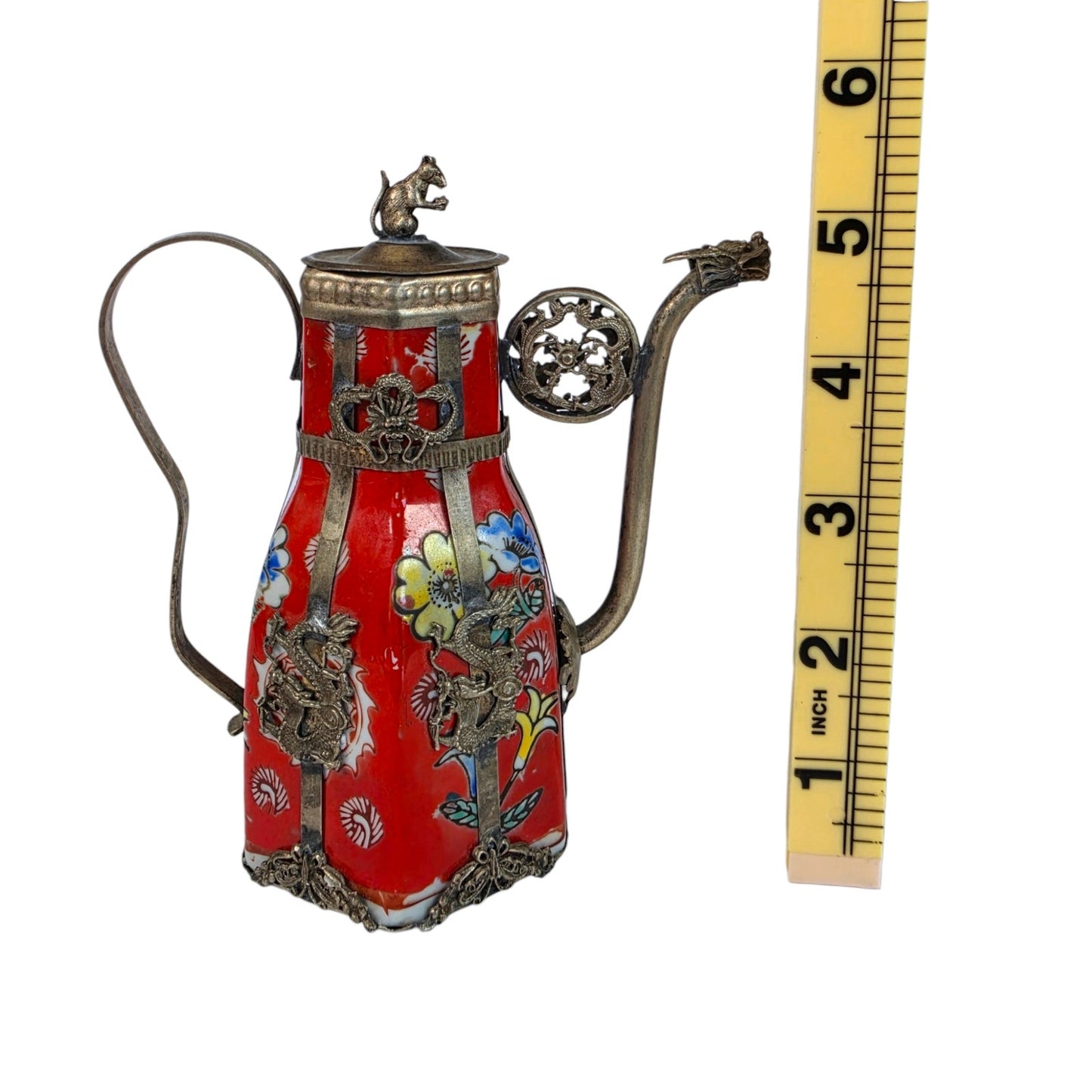 Vintage Miniature Tibetan Porcelain Teapot Metal Filigree Red Dragon Squirrel