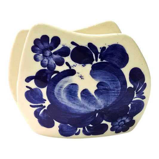 Vintage Polish Pottery Napkin Holder Letter Holder Blue Floral Design Marked