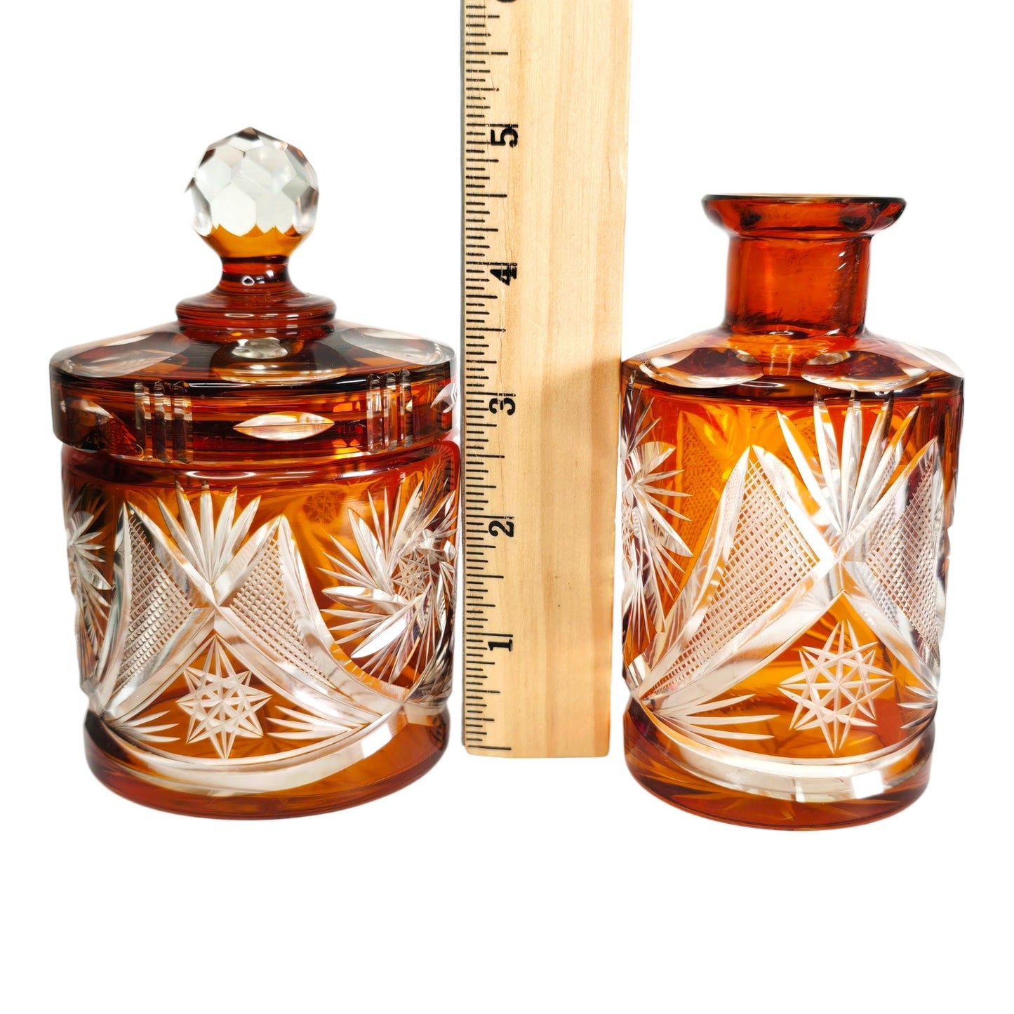 Vtg Amber Bohemian Cut Glass Vanity Set 5‑Piece Jewelry Dresser Set Orange-Brown