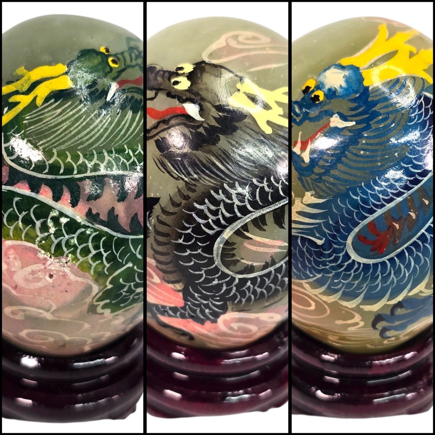 Vtg Set of 6 Chinese Hand Painted Dragon Eggs Green Marble Stone w/ Stands & Box