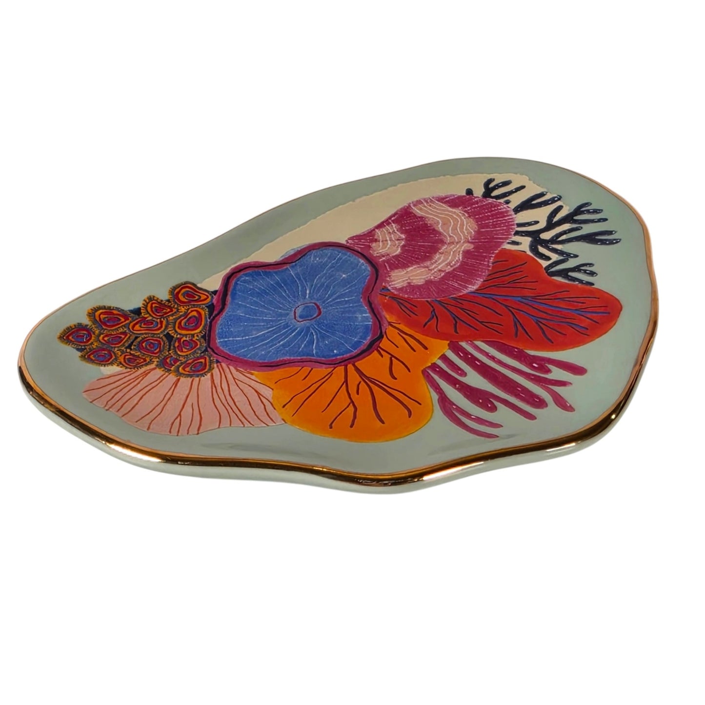 Danica Studio Neptune Trinket Tray Mint Green Ceramic Coral Gold Trim Dish