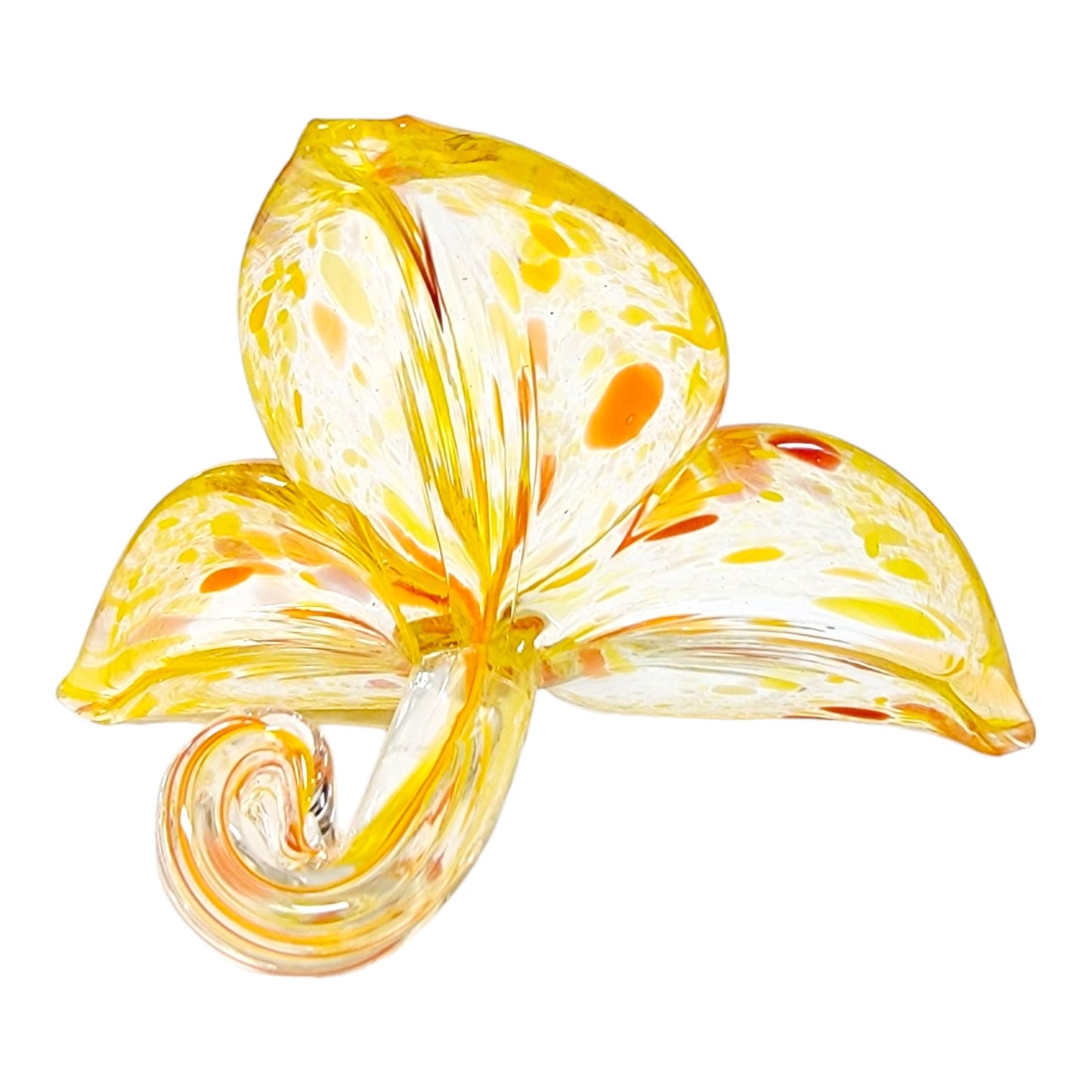 Hand-Blown Art Glass Flower with Stem in Yellow and Orange Flower, 3 Leaf Flower- Noneya