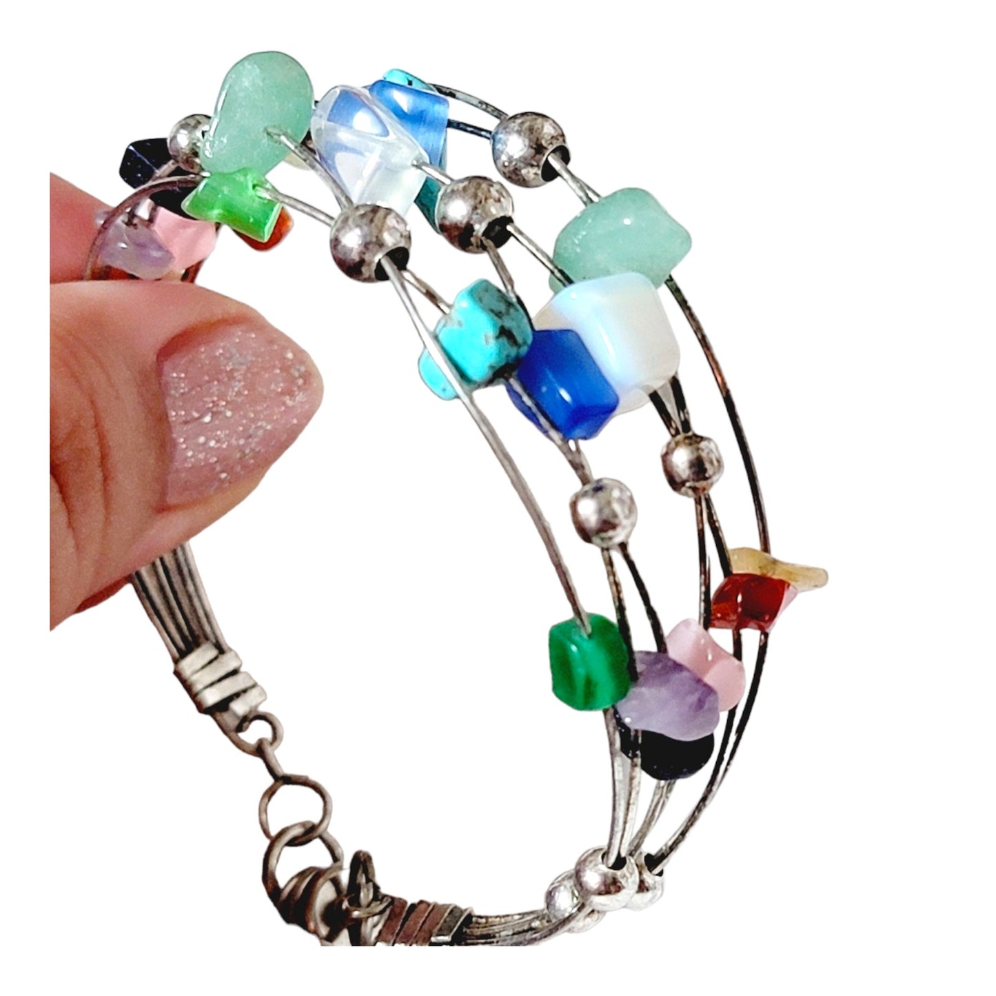 Multi-Stone Wire Bracelet with Magnetic Closure Clasp, Natural Mixed Stones