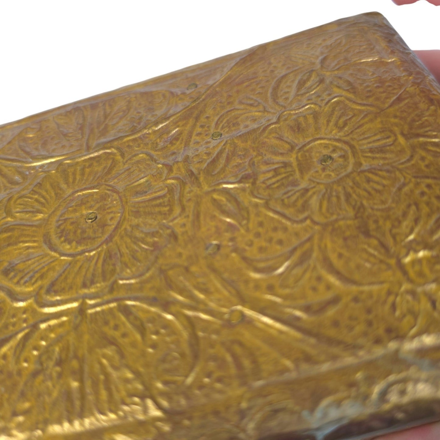 (Reserved for Customer) Vintage Embossed Repousse Brass Jewelry Box Red Velvet Lined Ornate Features