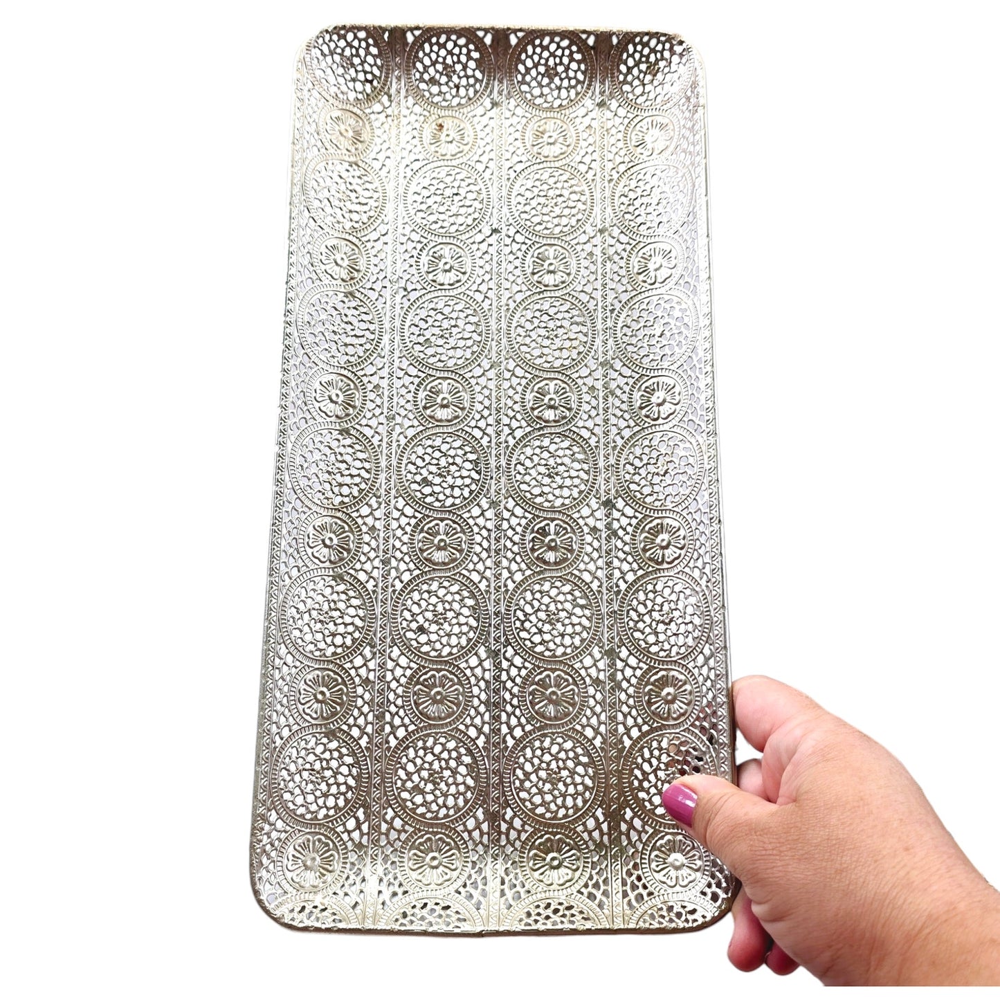 Metal Filigree Decorative Tray for Console or Candles, 14.5" L x 7" W