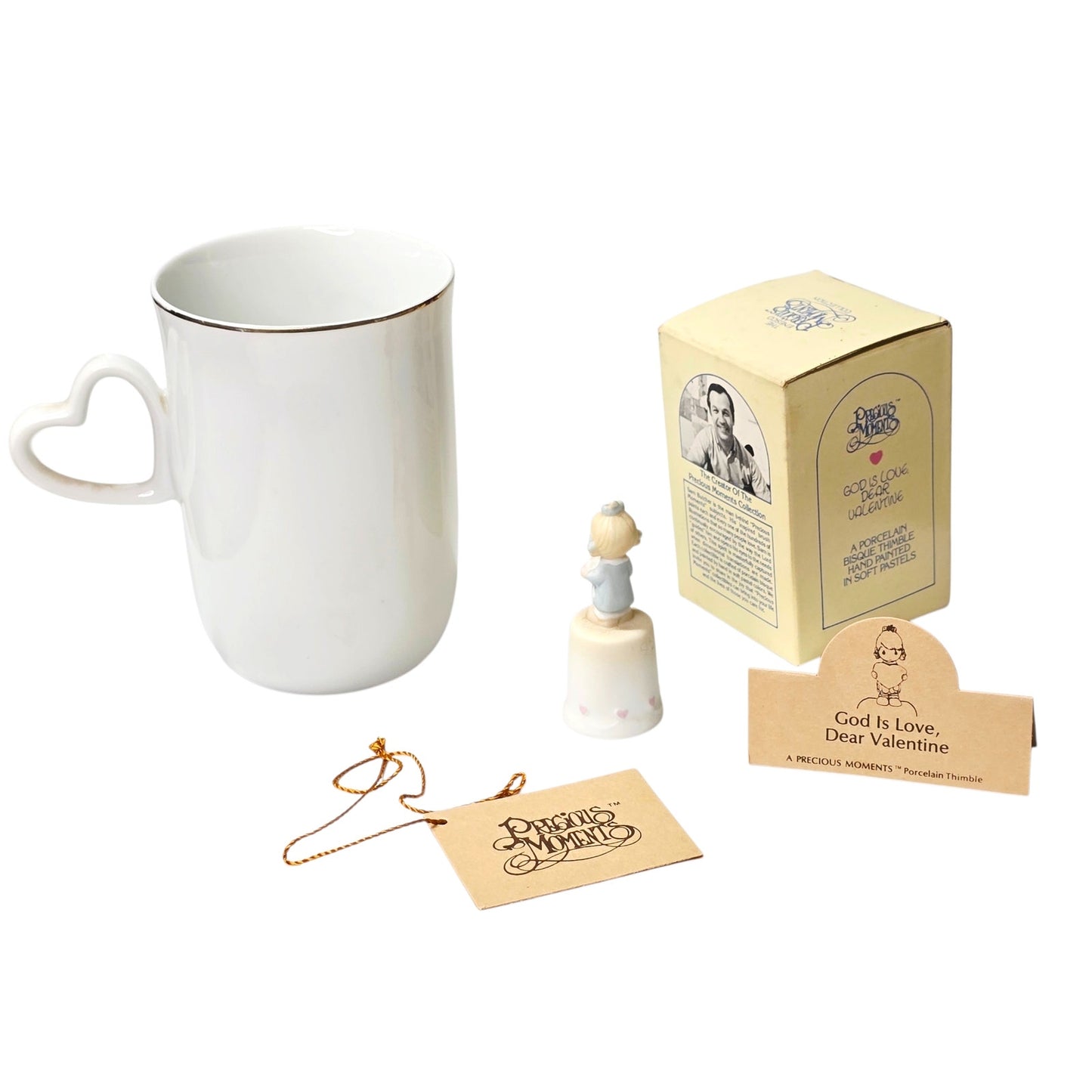 Precious Moments God is Love Dear Valentine Thimble & 1980 To Thee with Love Mug