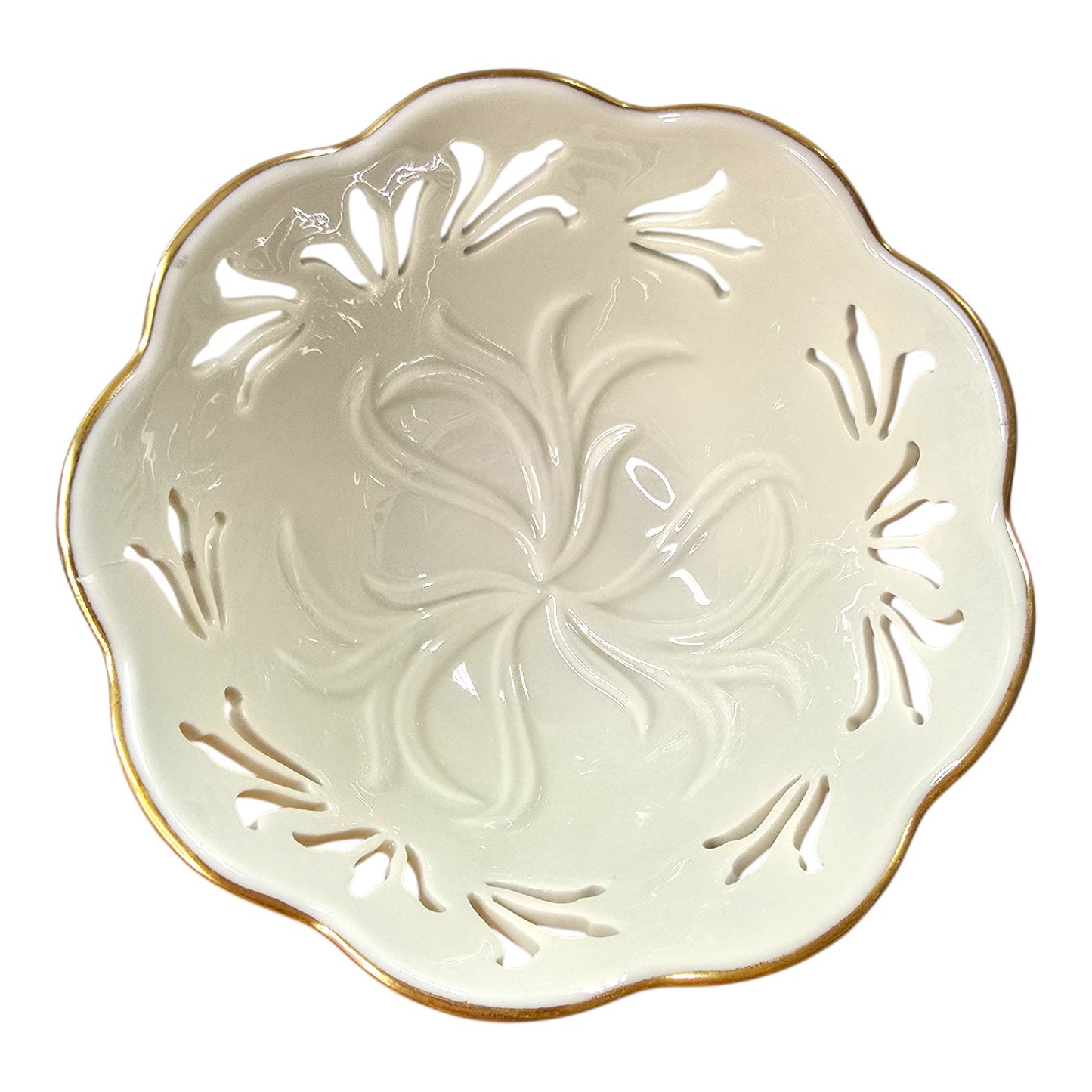 Lenox Ivory China Pierced Lace Bowl Gold Trim Scalloped Rim 6" Decorative