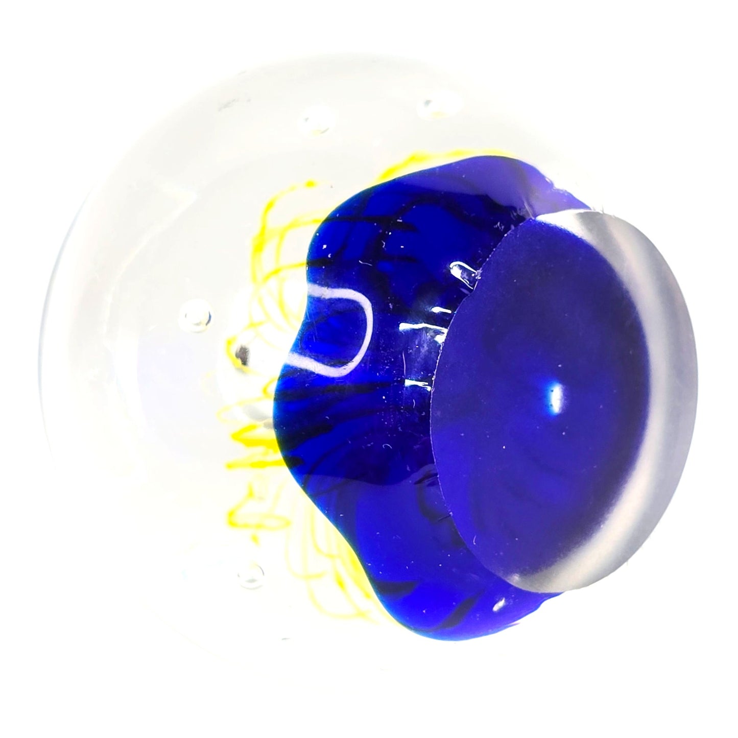 Art Glass Paperweight Cobalt Blue Yellow Firework Design